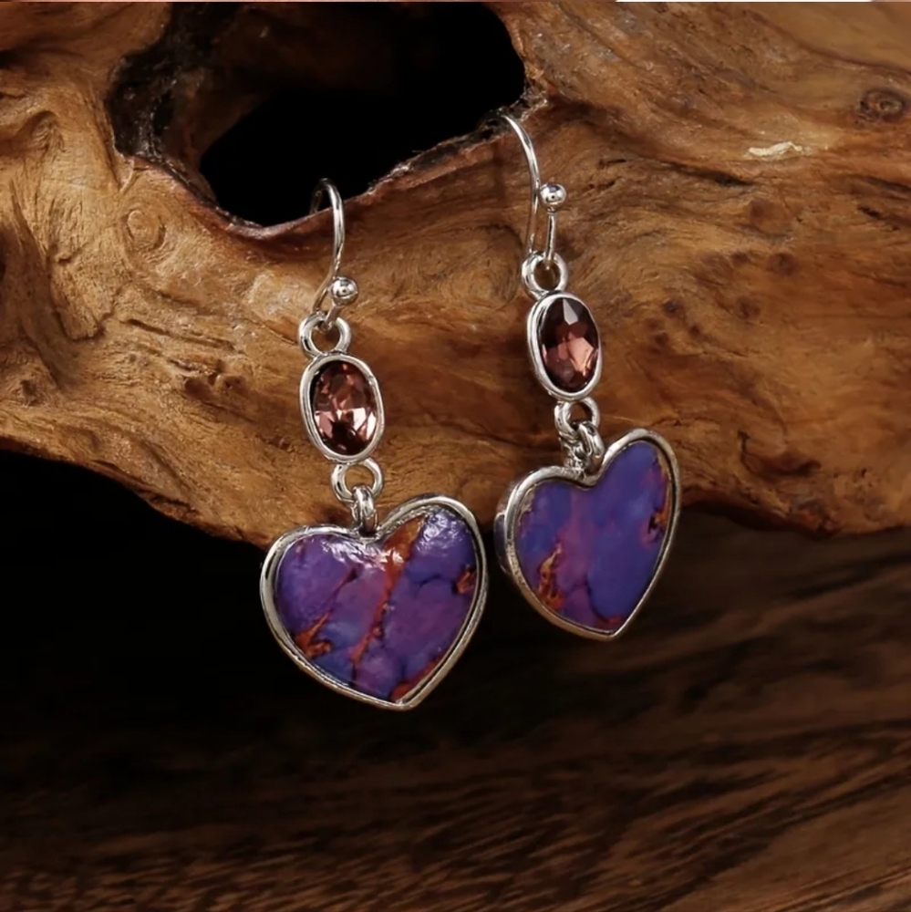 Creative Purple Stone Long Boho Geometric Oval Amethyst Dangle Earrings. - Picture 4 of 6